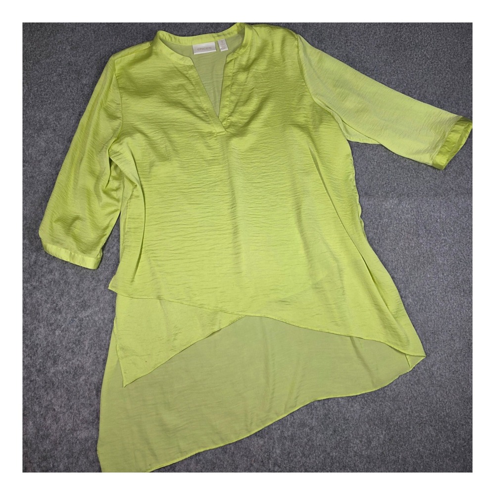 Chico's Tunic Top Lime Green Hammered Texture Satin Layered Hi Lo 3/4 Sleeve XL